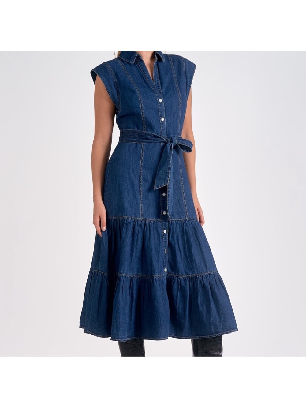 Elan Sleeveless Dark Blue Denim Midi Dress with Waist Tie Size Med